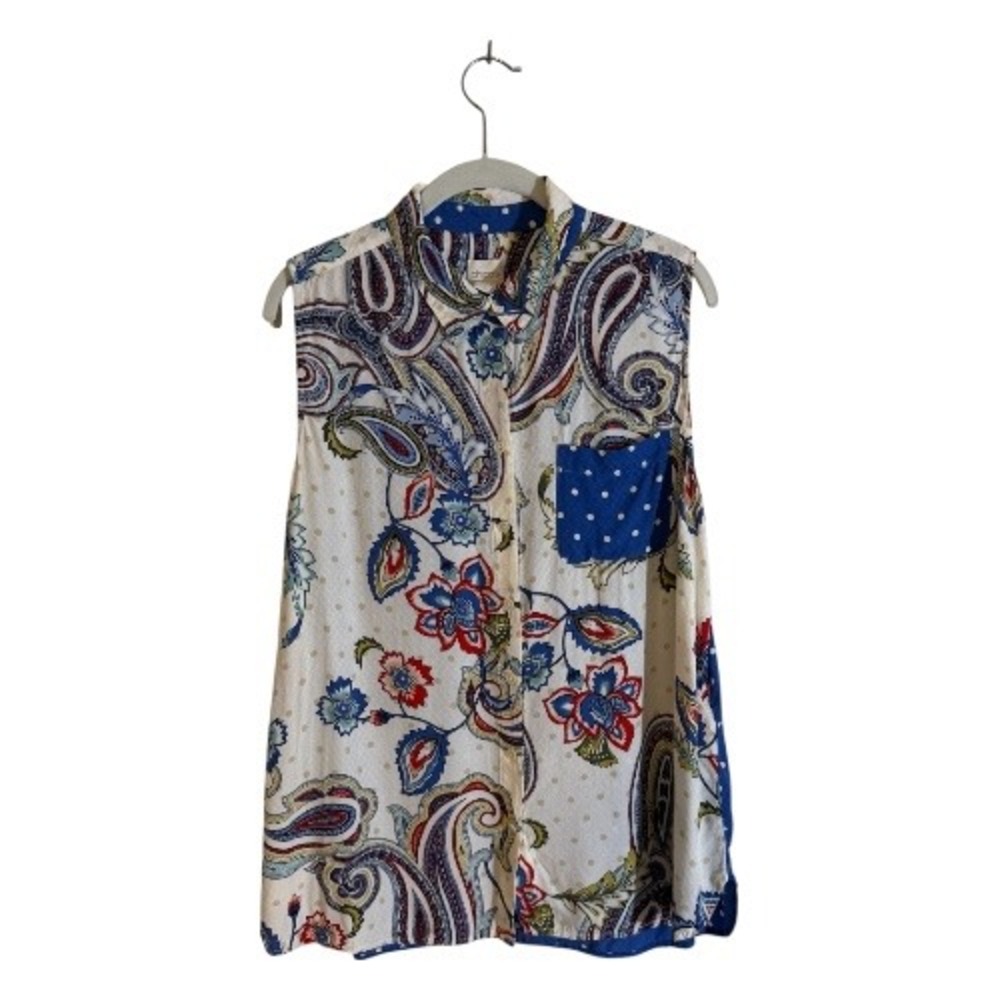 Chico's Sleeveless Button Down Shirt Women XL Blue Paisley Polka Dot Mixed Print